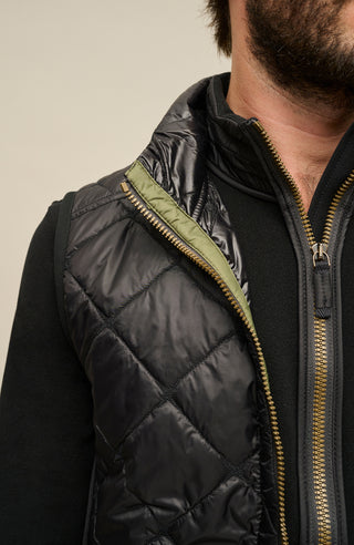 Detailaufnahme der gesteppten Herrenweste „Henri-QL“ von Frauenschuh in Black (Schwarz); Fokus auf das hochwertige, leicht glänzende Nylonmaterial mit präziser Rautensteppung; sichtbar sind feine Verarbeitung, glatte Kantenabschlüsse und dezente Nahtverläufe; ein Ausschnitt des Reißverschlusses und Kragens im Bild; die Aufnahme betont die exklusive Materialqualität und das edle Finish der Sommer- und Frühlingsweste aus der Frauenschuh-Kollektion