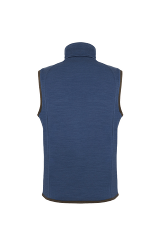 Rückansicht der Herren-Quiltweste „LucasMulti-QL“ in der Farbe Alaska Blue; Rückenteil gefertigt aus elastischem, atmungsaktivem Wool Power Stretch in passender Farbnuance – sorgt für maximale Bewegungsfreiheit und Temperaturausgleich; die seitlichen und vorderen Partien bestehen aus rautenförmig gestepptem Nylon; ergonomisch geschnittener Rücken mit leicht taillierter Silhouette und flachen Nähten – eine komfortable Lösung für aktive Frühjahrs- und Sommerlooks mit Anspruch an Stil und Funktion