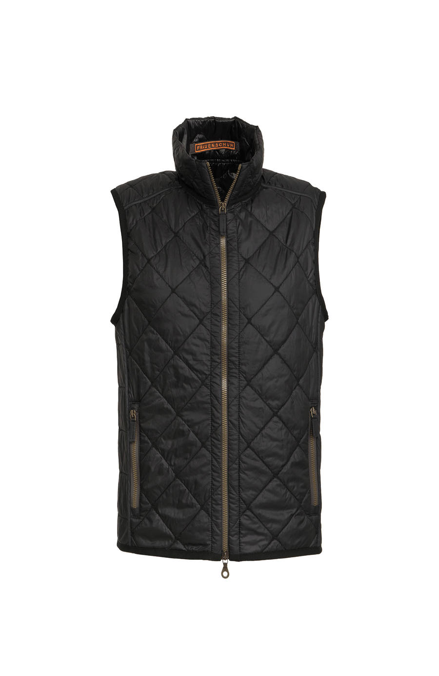 Herren-Quiltweste von Frauenschuh aus hochwertigem, leicht glänzendem Nylon in Black (Schwarz); luxuriös gestepptes Design mit feiner Rautenstruktur, Stehkragen und durchgehendem Zwei-Wege-Reißverschluss; verschließbare Seitentaschen; figurbetonter Schnitt für eine sportlich-elegante Silhouette; ideal für Frühling und Sommer, kombiniert Funktionalität mit stilvoller Ästhetik; perfekt tragbar über Hemd oder Pullover für einen modernen Layering-Look