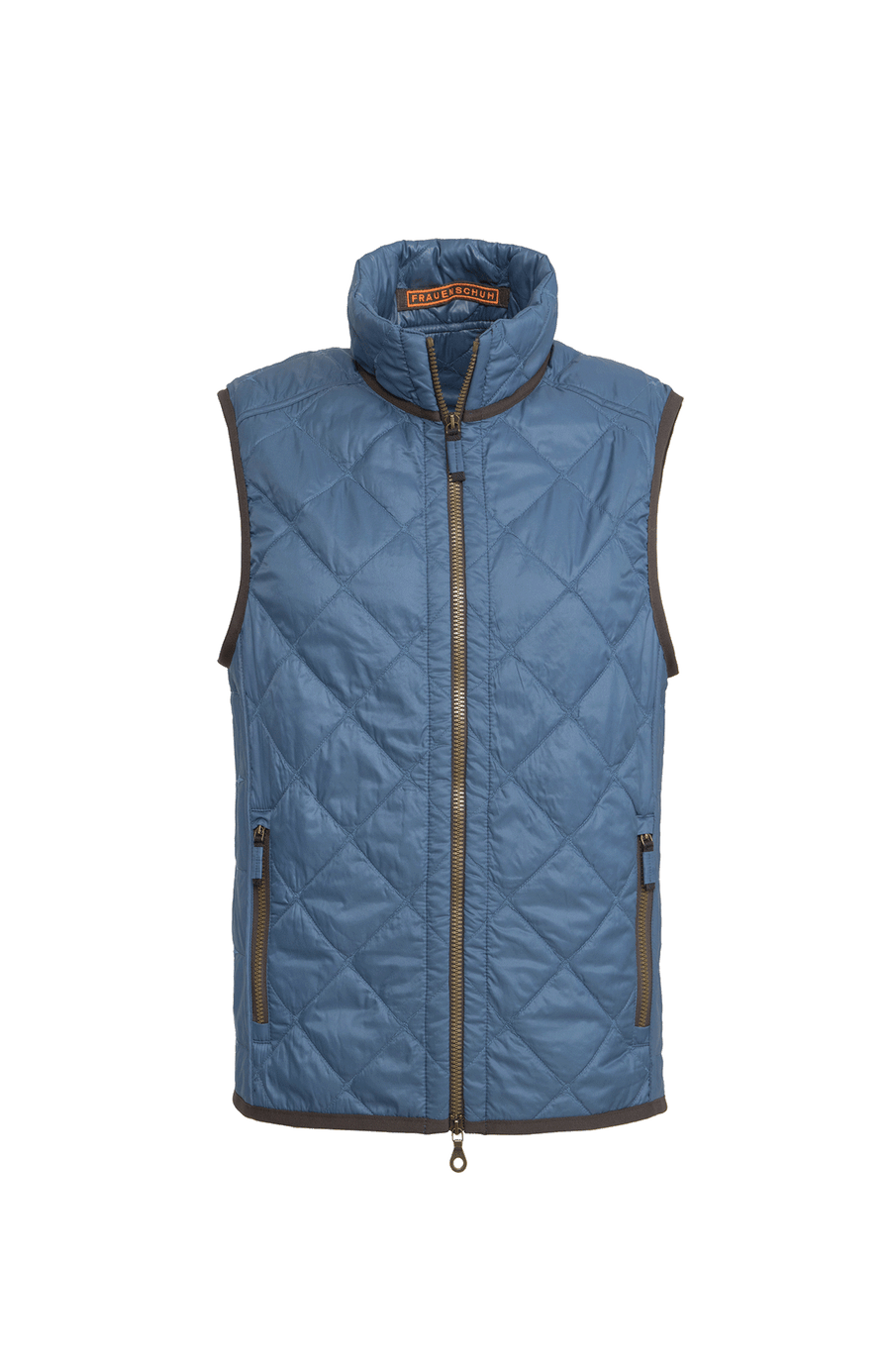 Herren-Quiltweste von Frauenschuh aus hochwertigem, leicht glänzendem Nylon in denimblau; luxuriös gestepptes Design mit feiner Rautenstruktur, Stehkragen und durchgehendem Zwei-Wege-Reißverschluss; verschließbare Seitentaschen; figurbetonter Schnitt für eine sportlich-elegante Silhouette; ideal für Frühling und Sommer, kombiniert Funktionalität mit stilvoller Ästhetik; perfekt tragbar über Hemd oder Pullover für einen modernen Layering-Look