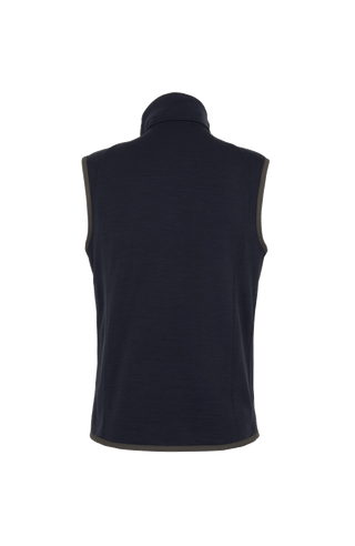 Rückansicht der Herren-Quiltweste „LucasMulti-QL“ in der Farbe Midnight (Dunkelblau); Rückenteil gefertigt aus elastischem, atmungsaktivem Wool Power Stretch in passender Farbnuance – sorgt für maximale Bewegungsfreiheit und Temperaturausgleich; die seitlichen und vorderen Partien bestehen aus rautenförmig gestepptem Nylon; ergonomisch geschnittener Rücken mit leicht taillierter Silhouette und flachen Nähten – eine komfortable Lösung für aktive Frühjahrs- und Sommerlooks mit Anspruch an Stil und Funktion