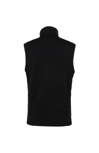 Rückansicht der Herren-Quiltweste „LucasMulti-QL“ in der Farbe Black; Rückenteil gefertigt aus elastischem, atmungsaktivem Wool Power Stretch in passender Farbnuance – sorgt für maximale Bewegungsfreiheit und Temperaturausgleich; die seitlichen und vorderen Partien bestehen aus rautenförmig gestepptem Nylon; ergonomisch geschnittener Rücken mit leicht taillierter Silhouette und flachen Nähten – eine komfortable Lösung für aktive Frühjahrs- und Sommerlooks mit Anspruch an Stil und Funktion