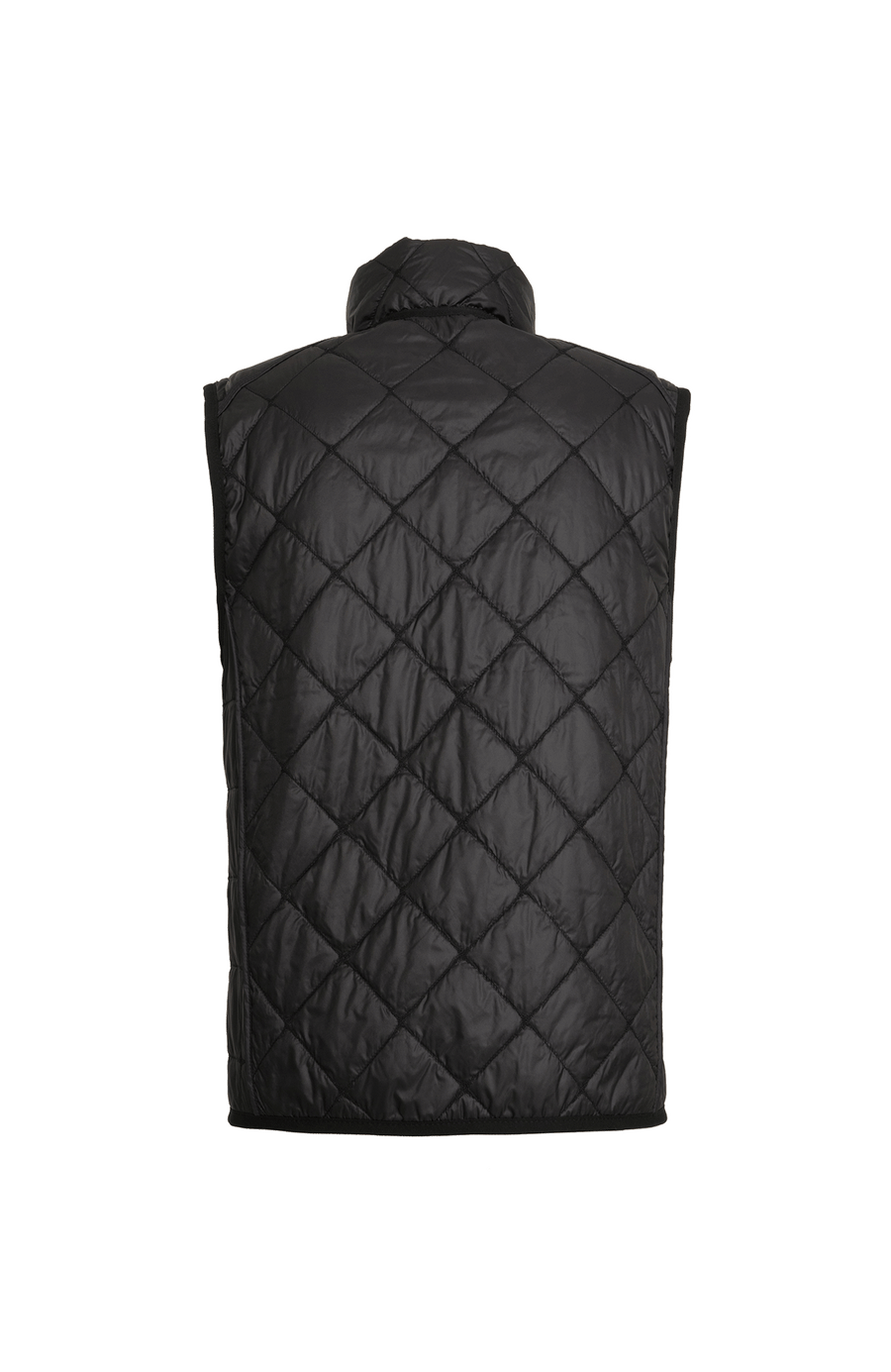 Rückansicht der Herren-Quiltweste „Henri-QL“ von Frauenschuh in Black (Schwarz), hochwertiges, leicht glänzendes Nylon mit markanter Rautensteppung; ausgestattet mit Stehkragen, durchgehendem Zwei-Wege-Reißverschluss und verschließbaren Seitentaschen, die sportlich-elegante Weste überzeugt mit klarer Linienführung, funktionalem Design und leicht taillierter Passform – ideal für Frühling und Sommer als stilvolle Ergänzung zur Herren-Garderobe