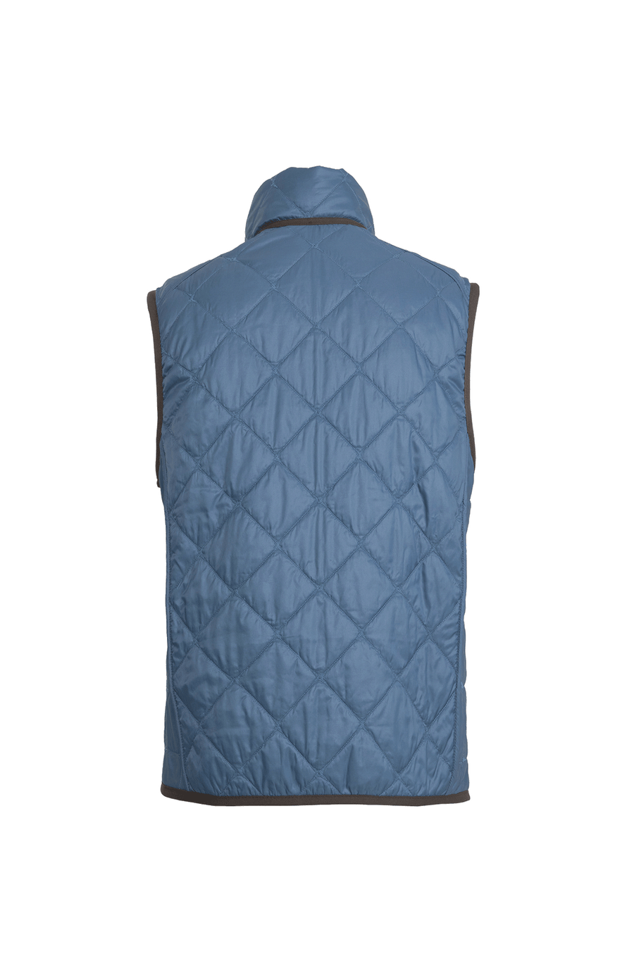 Rückansicht der Herren-Quiltweste „Henri-QL“ von Frauenschuh in denimblau, hochwertiges, leicht glänzendes Nylon mit markanter Rautensteppung; ausgestattet mit Stehkragen, durchgehendem Zwei-Wege-Reißverschluss und verschließbaren Seitentaschen, die sportlich-elegante Weste überzeugt mit klarer Linienführung, funktionalem Design und leicht taillierter Passform – ideal für Frühling und Sommer als stilvolle Ergänzung zur Herren-Garderobe