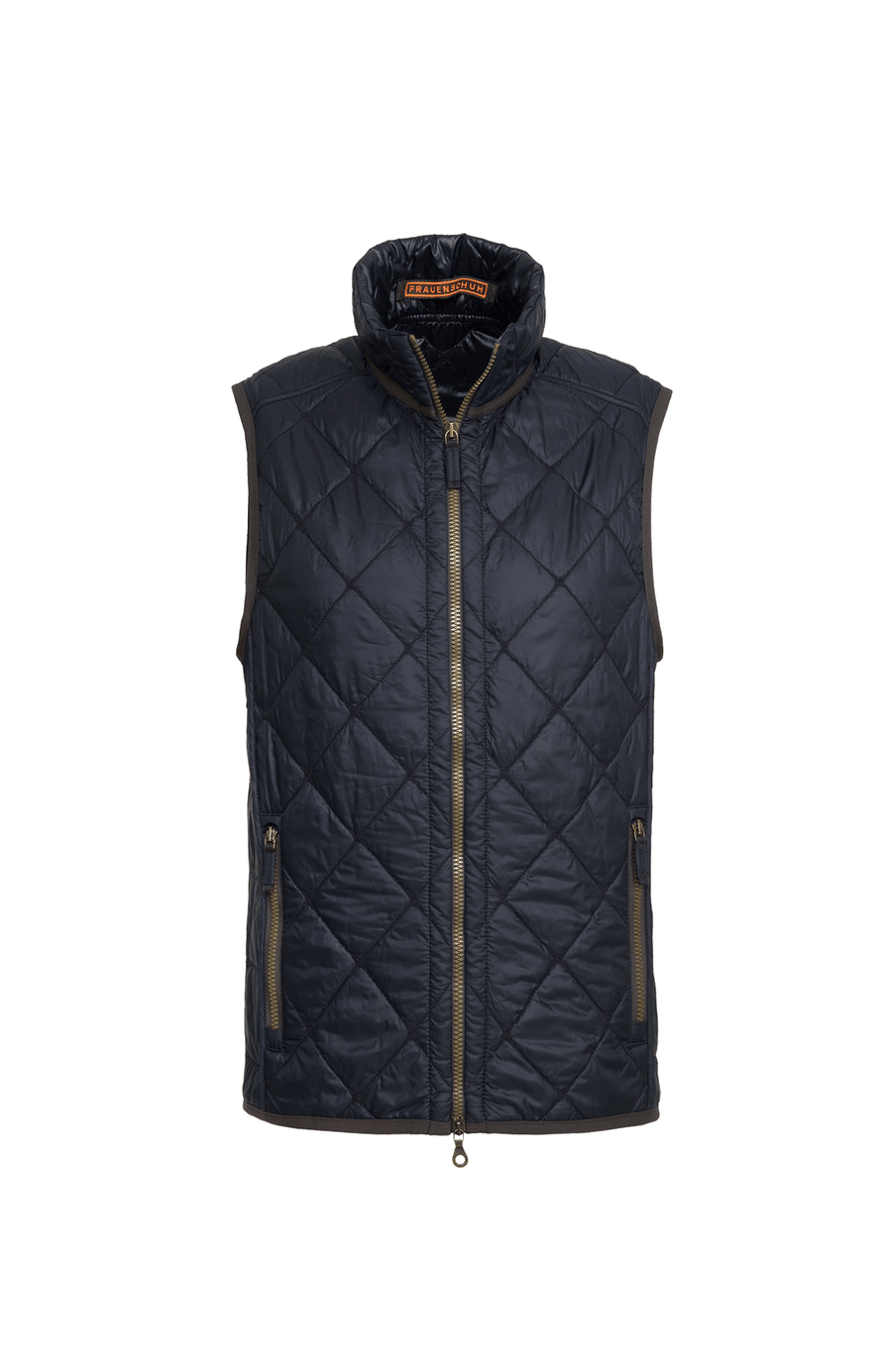 Herren-Quiltweste von Frauenschuh aus hochwertigem, leicht glänzendem Nylon in Midnight (dunkelblau); luxuriös gestepptes Design mit feiner Rautenstruktur, Stehkragen und durchgehendem Zwei-Wege-Reißverschluss; verschließbare Seitentaschen; figurbetonter Schnitt für eine sportlich-elegante Silhouette; ideal für Frühling und Sommer, kombiniert Funktionalität mit stilvoller Ästhetik; perfekt tragbar über Hemd oder Pullover für einen modernen Layering-Look