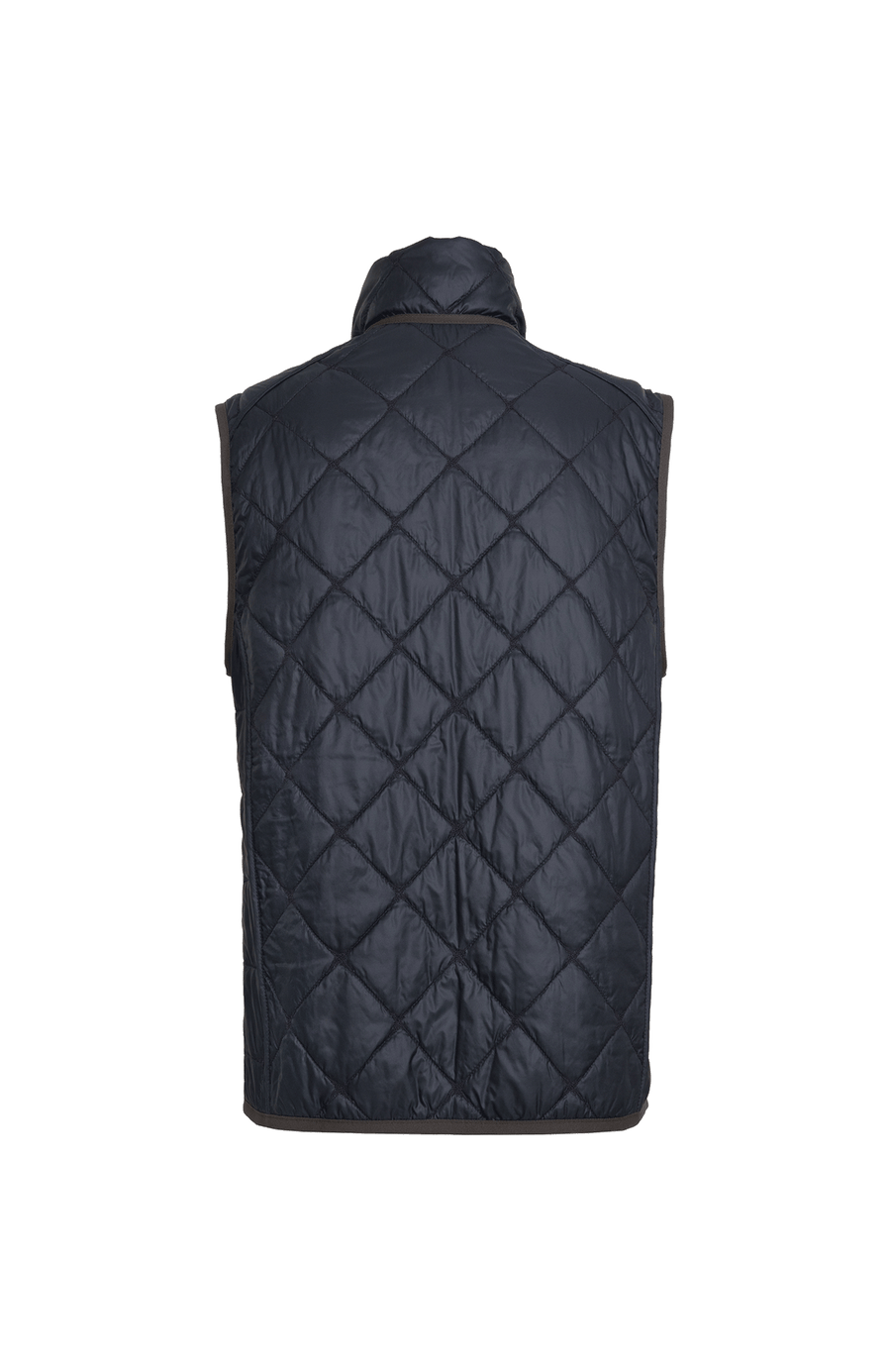 Rückansicht der Herren-Quiltweste „Henri-QL“ von Frauenschuh in Midnight (dunkelblau), hochwertiges, leicht glänzendes Nylon mit markanter Rautensteppung; ausgestattet mit Stehkragen, durchgehendem Zwei-Wege-Reißverschluss und verschließbaren Seitentaschen, die sportlich-elegante Weste überzeugt mit klarer Linienführung, funktionalem Design und leicht taillierter Passform – ideal für Frühling und Sommer als stilvolle Ergänzung zur Herren-Garderobe
