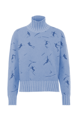 Cashmere Merino Pullover blau mit Schifahrer Motiv von vorne