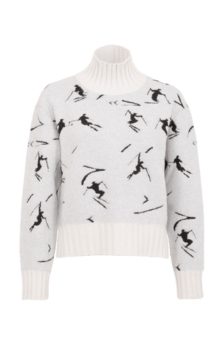 Cashmere Merino Pullover weiß mit Schifahrer Motiv von vorne