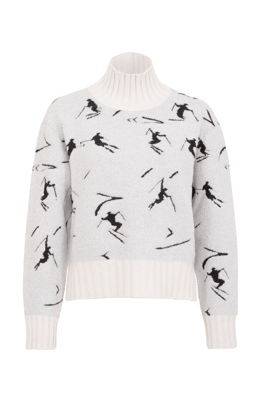 Cashmere Merino Pullover weiß mit Schifahrer Motiv von vorne