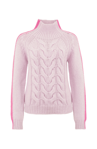 handmade Cashmere Pullover rosa mit pinken Streifen am Ärmel von vorne