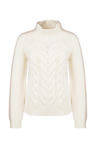 handmade Cashmere Pullover weiß mit hellbraunen Streifen am Ärmel von vorne