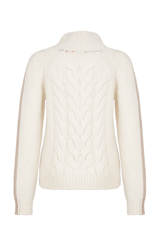 handmade Cahmere Pullover aus Italien weiß mit hellbraunen Streifen am Ärmel