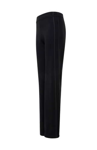 Seitliche Ansicht der Damen-Powerstretch-Hose „Inga“ in der Farbe Schwarz – zeigt den geraden Schnitt und die leggingsähnliche Passform ohne Taschen und Reißverschlüsse, mit elastischem Bund für komfortable Bewegungsfreiheit; ideal für sportliche und alltägliche Aktivitäten