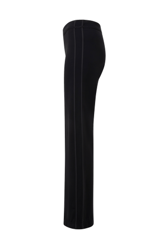Seitenansicht der Damen-Powerstretch-Hose „Inga“ in der Farbe Schwarz – gerade geschnittene, leggingsähnliche Hose ohne Taschen und Reißverschlüsse, mit elastischem Bund und schlichtem Design; ideal für Sport, Freizeit und den Alltag in Frühling und Sommer