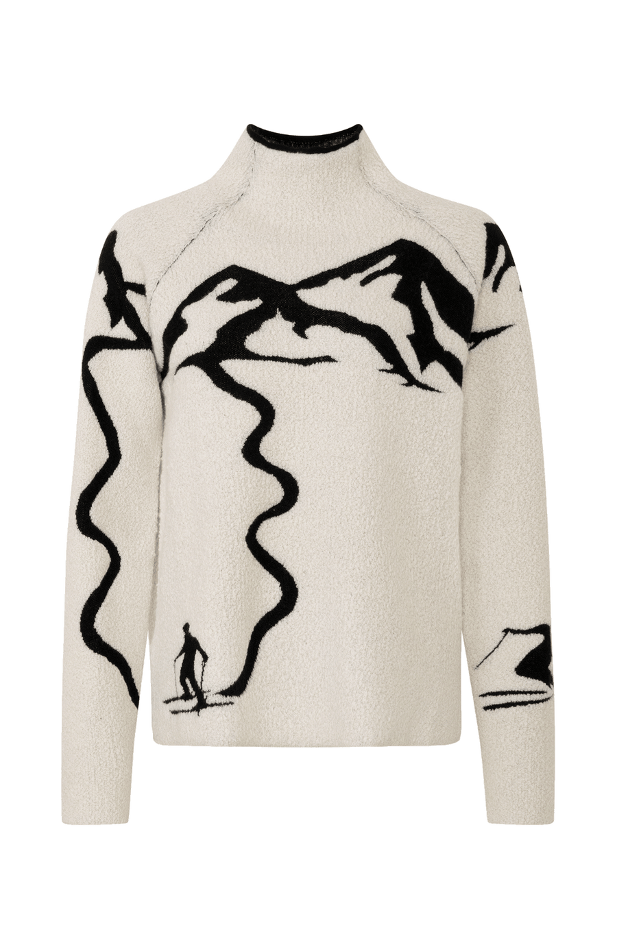 Vorderansicht eines Damenpullovers aus 100 % extrafeiner Merinowolle, Modell „Chatel-ME“ in der Farbe Weiss. Die Vorderseite zeigt ein kunstvoll gestaltetes Jacquard-Motiv aus skizzierten Berglandschaften, urbanen Elementen und dynamischen Skifahrern. Das hochwertige Merinogarn – leicht, weich und angenehm auf der Haut – wird in Italien produziert und auf modernsten Maschinen verarbeitet. Die Kombination aus künstlerischem Design & technischer Strickkunst macht den Pullover besonders stilvoll