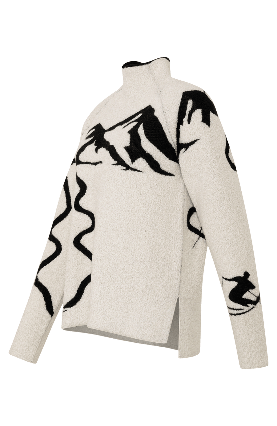 Seitenansicht eines Damenpullovers aus 100 % extrafeiner Merinowolle, Modell „Chatel-ME“ in der Farbe Weiss. Die Vorderseite zeigt ein kunstvoll gestaltetes Jacquard-Motiv aus skizzierten Berglandschaften, urbanen Elementen und dynamischen Skifahrern. Das hochwertige Merinogarn – leicht, weich und angenehm auf der Haut – wird in Italien produziert und auf modernsten Maschinen verarbeitet. Die Kombination aus künstlerischem Design & technischer Strickkunst macht den Pullover besonders stilvoll