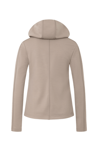 Damen Stretch Jacke mit Kapuze in einem dunklen Beige Ton von hinten