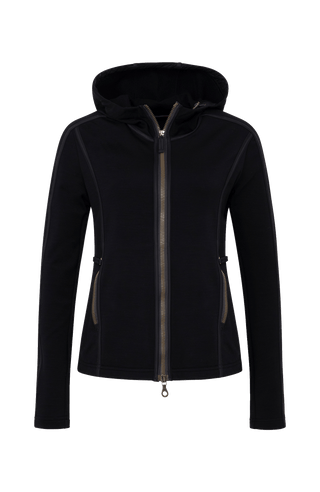 Schwarze Damen Stretch Jacke mit Kapuze von vorne 