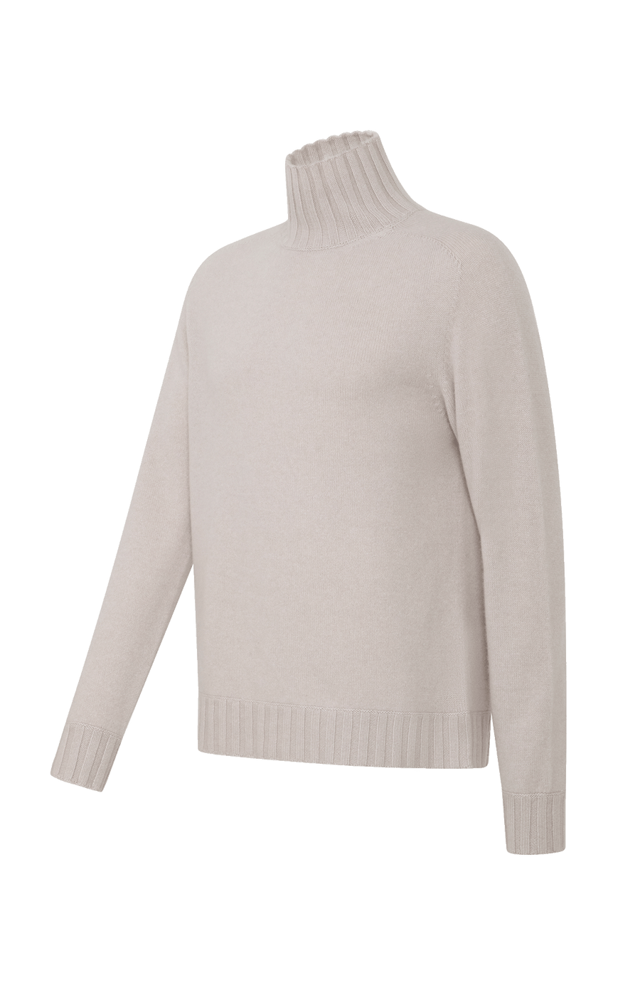 Seitenansicht eines Herren-Kaschmirpullovers von Frauenschuh, Modell „Aiden“ (Artikelnummer WS_10-0) in der Farbe Beige. Der hochwertige Cashmere-Pullover aus 100 % Kaschmir verfügt über einen eleganten Stehkragen sowie markante Rippbündchen an Ärmeln und Saum. Die feine Strickstruktur unterstreicht die luxuriöse Qualität und den weichen Tragekomfort – ideal für die Herbst- und Wintersaison. Ein zeitloses und edles Kleidungsstück aus der alpinen Premium-Mode von Frauenschuh