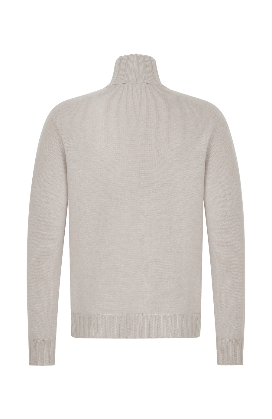 Rückansicht eines hochwertigen Herrenpullovers aus reinem Kaschmir von Frauenschuh, Modell „Aiden 2.0“ (Artikelnummer Aiden-WS_10-0), Farbe Beige. Der luxuriöse Strickpullover für Herbst und Winter verfügt über einen eleganten, schmalen Stehkragen und ist aus feinstem Cashmere gefertigt. Die Ärmelabschlüsse, der Kragen und der untere Abschluss sind in feiner Rippenstruktur gestrickt und setzen sich optisch und haptisch vom glatt gestrickten Körper ab. Ein stilvolles, sportlich-elegantes Basic.