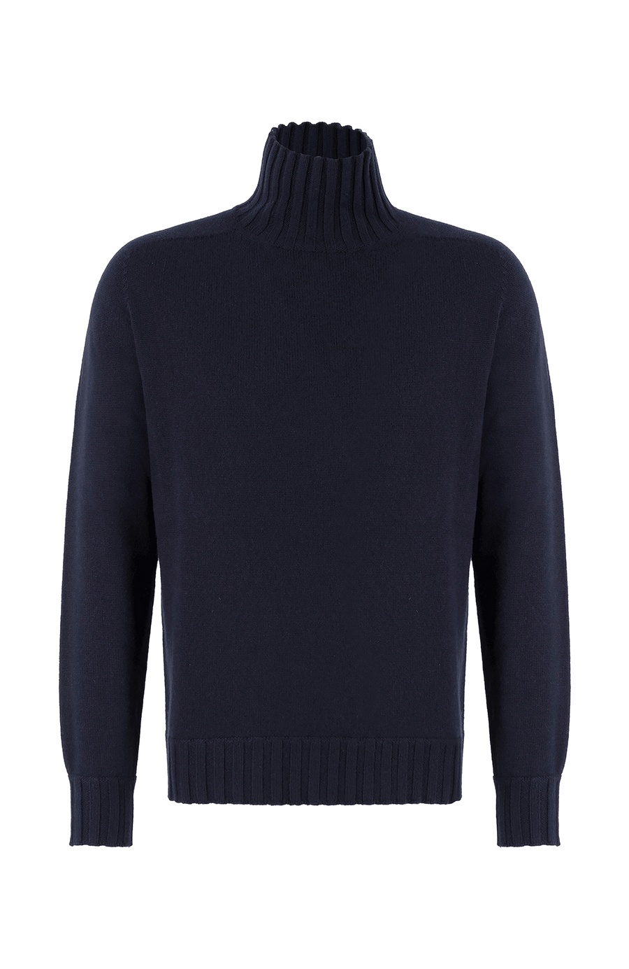 Vorderansicht eines hochwertigen Herrenpullovers aus reinem Kaschmir von Frauenschuh, Modell „Aiden 2.0“ (Artikelnummer Aiden-WS_163-0), Farbe Dunkelblau. Der luxuriöse Strickpullover für Herbst und Winter verfügt über einen eleganten, schmalen Stehkragen und ist aus feinstem Cashmere gefertigt. Die Ärmelabschlüsse, der Kragen und der untere Abschluss sind in feiner Rippenstruktur gestrickt und setzen sich optisch und haptisch vom glatt gestrickten Körper ab. Ein stilvolles, sportlich-elegantes Basic.