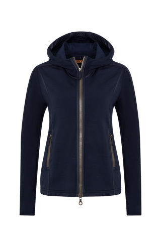 Damen Stretchjacke mit Kapuze von vorne in dunkelblau