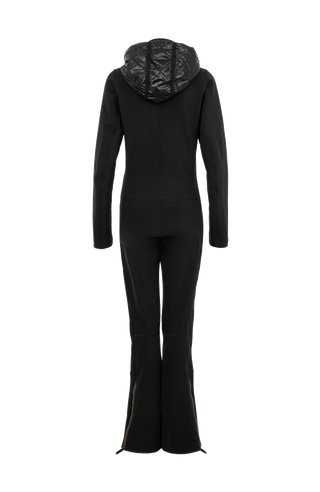 FRAUENSCHUH Damen-Funktionscatsuit GWEN-S in Schwarz – Rückansicht des figurbetonten Overalls/Catsuits aus atmungsaktivem, wasserabweisendem Material – klarer Schnitt mit ergonomischer Nahtführung für optimale Bewegungsfreiheit – funktionales Wintersport- und Outdoor-Design