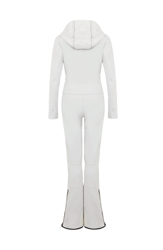 FRAUENSCHUH Damen-Funktionscatsuit GWEN-S in Weiß – Rückansicht des figurbetonten Overalls/Catsuits aus atmungsaktivem, wasserabweisendem Material – klarer Schnitt mit ergonomischer Nahtführung für optimale Bewegungsfreiheit – funktionales Wintersport- und Outdoor-Design