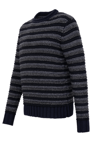 Herren Kaschmirpullover Modell 717541 Simon-CWS in multiblau,Seitenansicht – handstrickähnliche Verarbeitung aus Italien, luxuriöse Feinstrickqualität.
