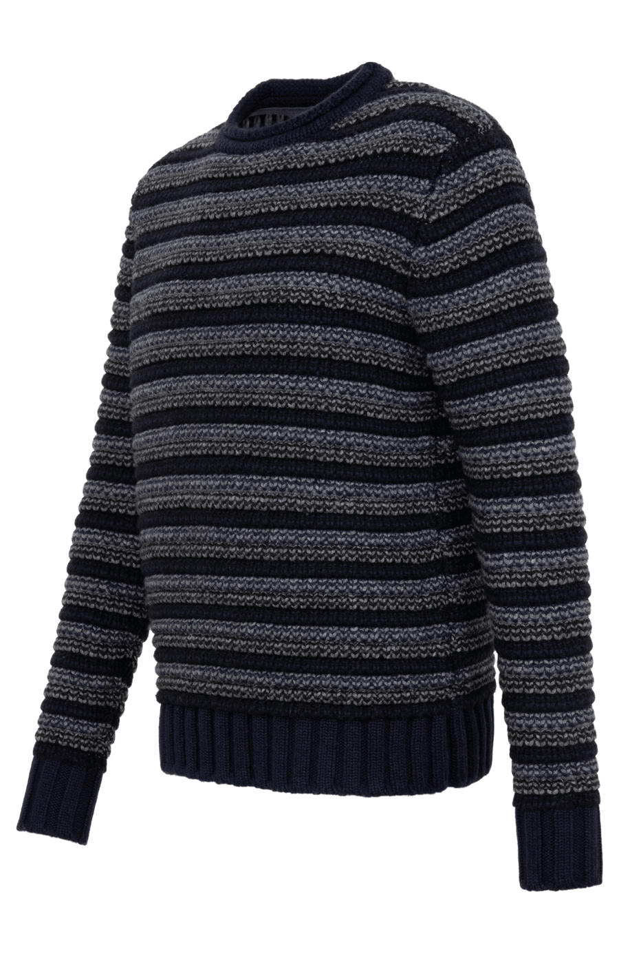 Herren Kaschmirpullover Modell 717541 Simon-CWS in multiblau,Seitenansicht – handstrickähnliche Verarbeitung aus Italien, luxuriöse Feinstrickqualität.