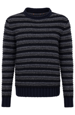 Herren Kaschmirpullover Modell 717541 Simon-CWS in multiblau, Vorderansicht – handstrickähnliche Verarbeitung aus Italien, luxuriöse Feinstrickqualität.