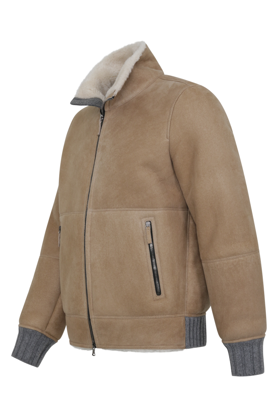Herren-Lederjacke Modell Alvin MV in Farbe camel – Seitenansichtmit Stehkragen und Lammfellfutter