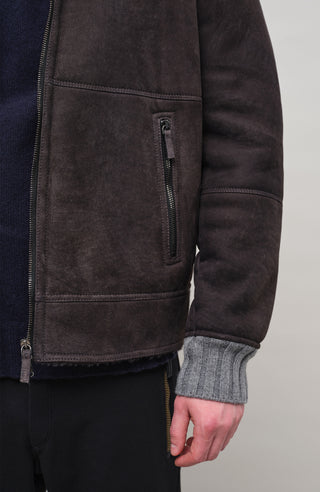 Herren-Lederjacke Modell Alvin MV in Farbe Elefant – Detailansicht mit Stehkragen und Lammfellfutter