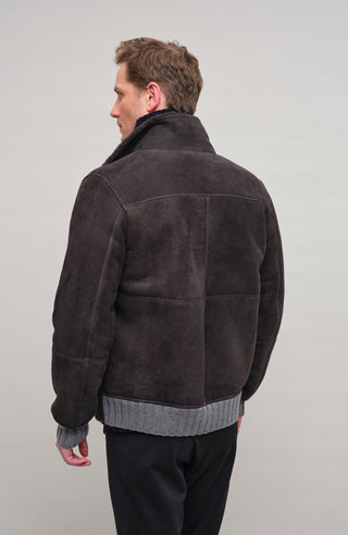 Herren-Lederjacke Modell Alvin MV in Farbe Elefant – Model Rueckansicht mit Stehkragen und Lammfellfutter