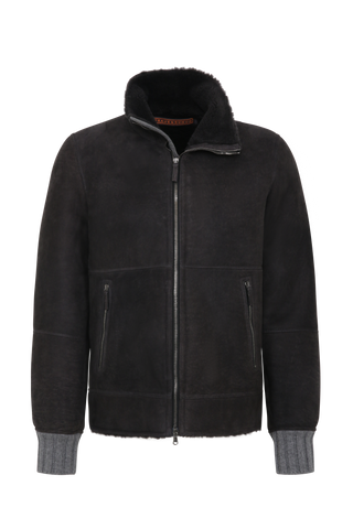 Herren-Lederjacke Modell Alvin MV in Farbe Elefant – Vorderansicht mit Stehkragen und Lammfellfutter