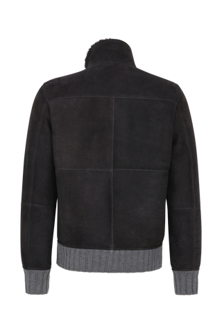 Herren-Lederjacke Modell Alvin MV in Farbe Elefant –Rueckansicht mit Stehkragen und Lammfellfutter