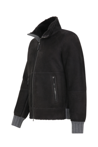 Herren-Lederjacke Modell Alvin MV in Farbe Elefant – Seitenansicht mit Stehkragen und Lammfellfutter
