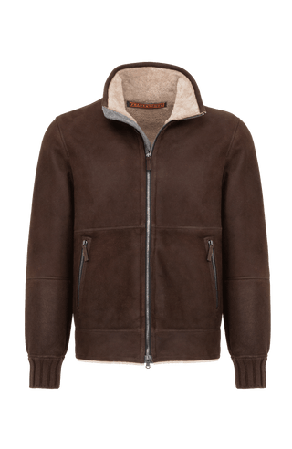 Herren-Lederjacke Modell Alvin MV in Farbe darkbrown–Vorderansicht mit Stehkragen und Lammfellfutter