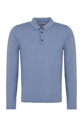 Herren-Poloshirt mit langen Ärmeln in hellblau, Modell 400648 ALAN-SW – Herren-Poloshirt mit langen Ärmeln in hellblau, Modell 400648 ALAN-SW – Detailansicht Klassischer Kragen mit Knopfleiste.orderansicht Klassischer Kragen mit Knopfleiste.