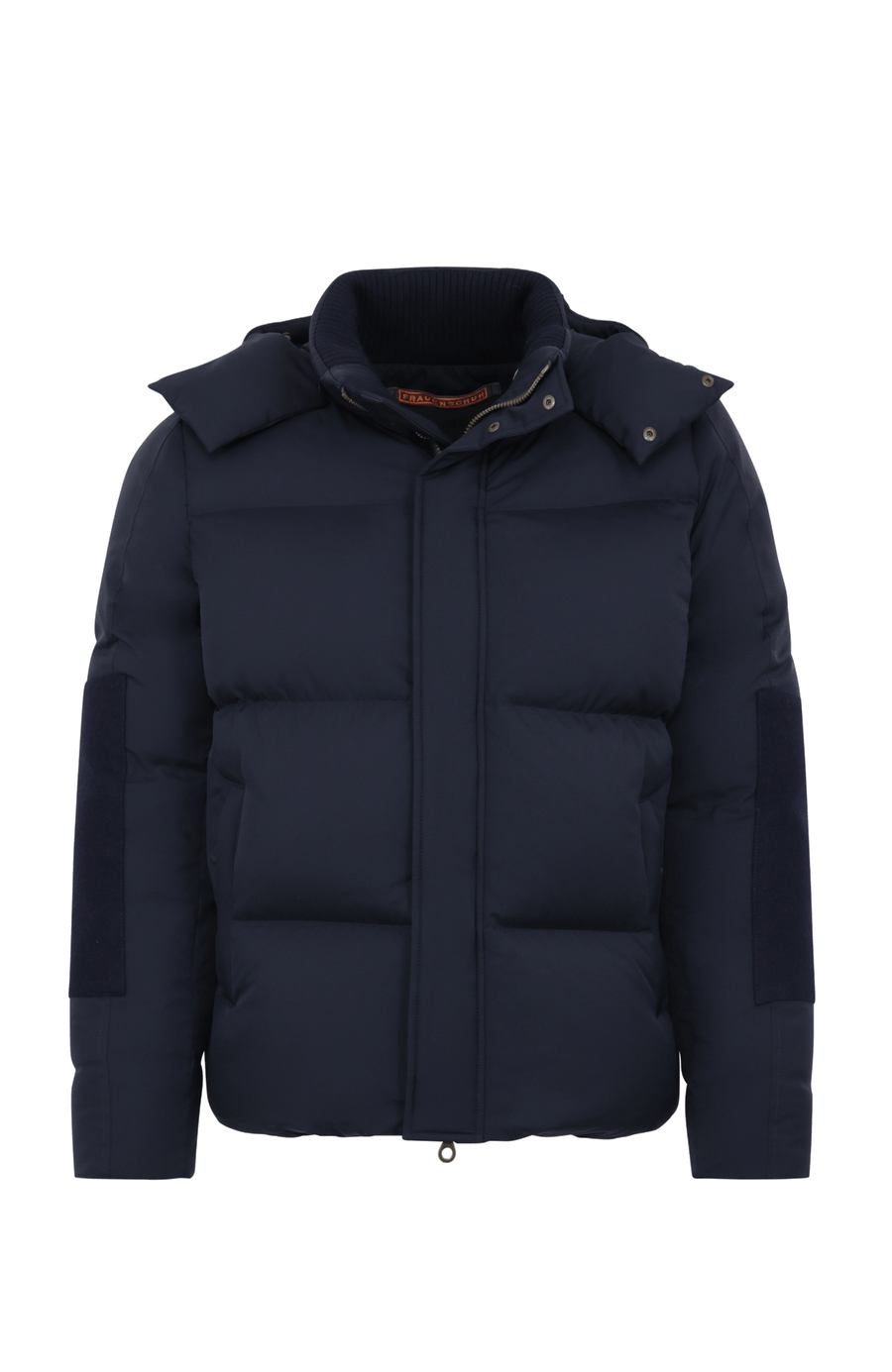 Frauenschuh Herren-Skijacke mit Daunenfüllung, Modell 724717 Teddy-LIN, Farbe Dunkelblau  – Vorderansicht der luxuriösen Winterjacke aus Light Italian Nylon mit Loden-Details.