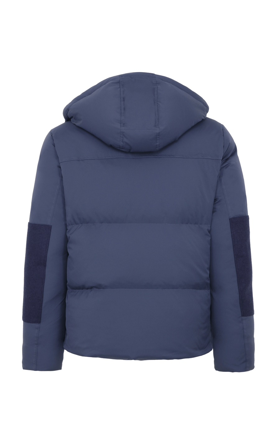 Frauenschuh Herren-Skijacke mit Daunenfüllung, Modell 724717 Teddy-LIN, Farbe Alaskablue – Rueckansichtder luxuriösen Winterjacke aus Light Italian Nylon mit Loden-Details.