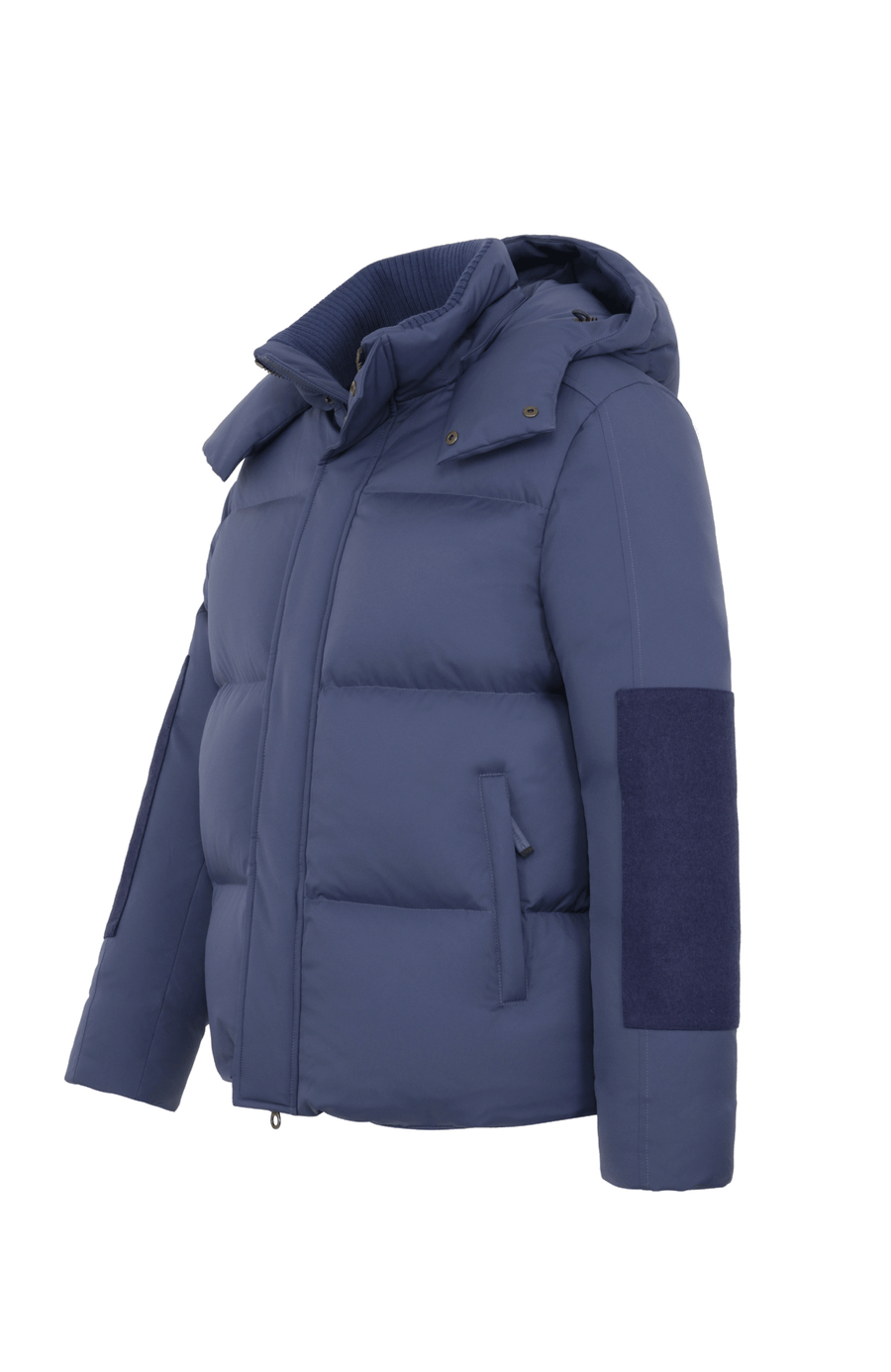 Frauenschuh Herren-Skijacke mit Daunenfüllung, Modell 724717 Teddy-LIN, Farbe Alaskablue – Seitenansicht luxuriösen Winterjacke aus Light Italian Nylon mit Loden-Details.