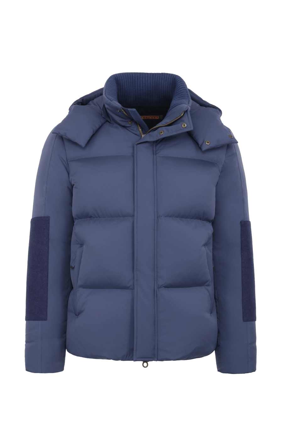 Frauenschuh Herren-Skijacke mit Daunenfüllung, Modell 724717 Teddy-LIN, Farbe Alaskablue – Vorderansicht der luxuriösen Winterjacke aus Light Italian Nylon mit Loden-Details.