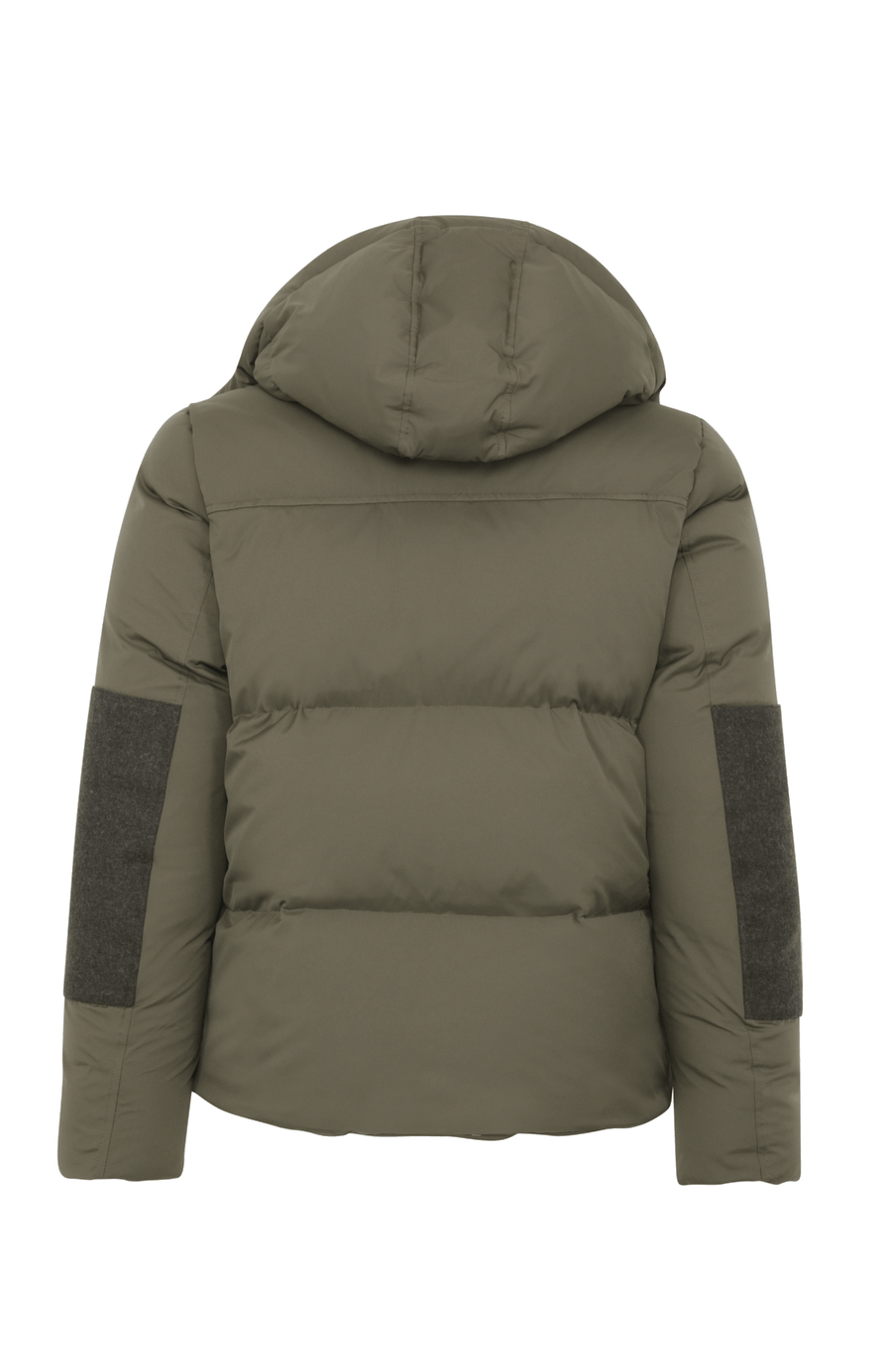 Frauenschuh Herren-Skijacke mit Daunenfüllung, Modell 724717 Teddy-LIN, Farbe Ivy – Rueckansicht der luxuriösen Winterjacke aus Light Italian Nylon mit Loden-Details.