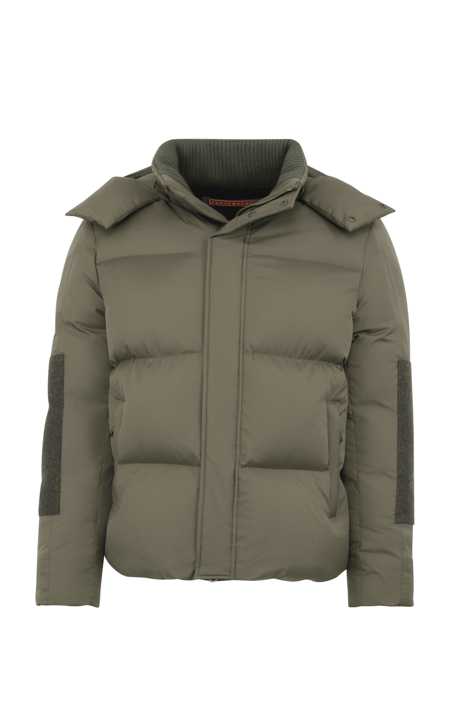 Frauenschuh Herren-Skijacke mit Daunenfüllung, Modell 724717 Teddy-LIN, Farbe Ivy – Vorderansicht der luxuriösen Winterjacke aus Light Italian Nylon mit Loden-Details.