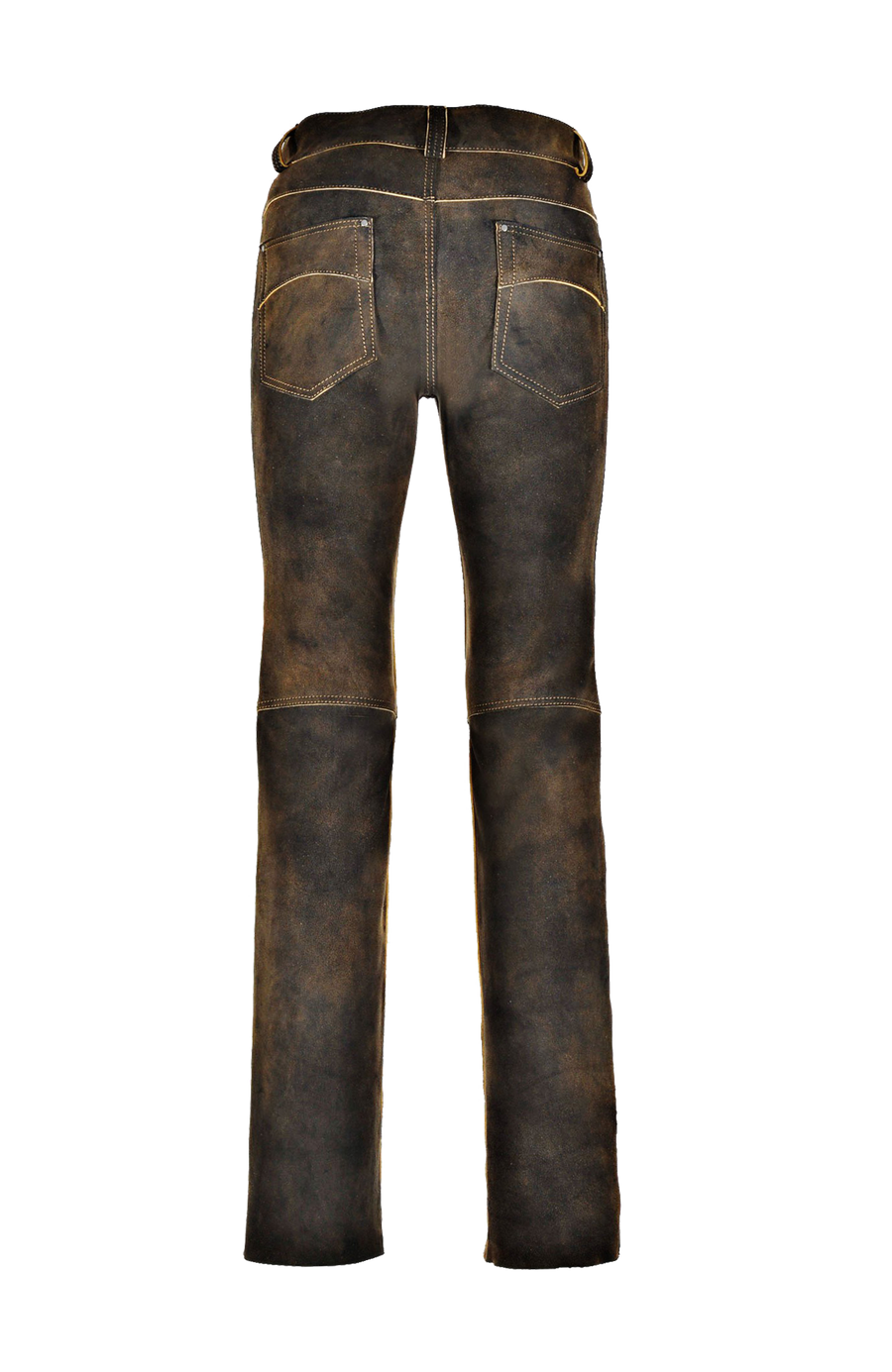 Hirschlederhose Herren in Alt-Ischia Braun, Rueckansicht, hochwertige Lederhose mit geradem Schnitt, Gesäßtaschen und Kniequernähten