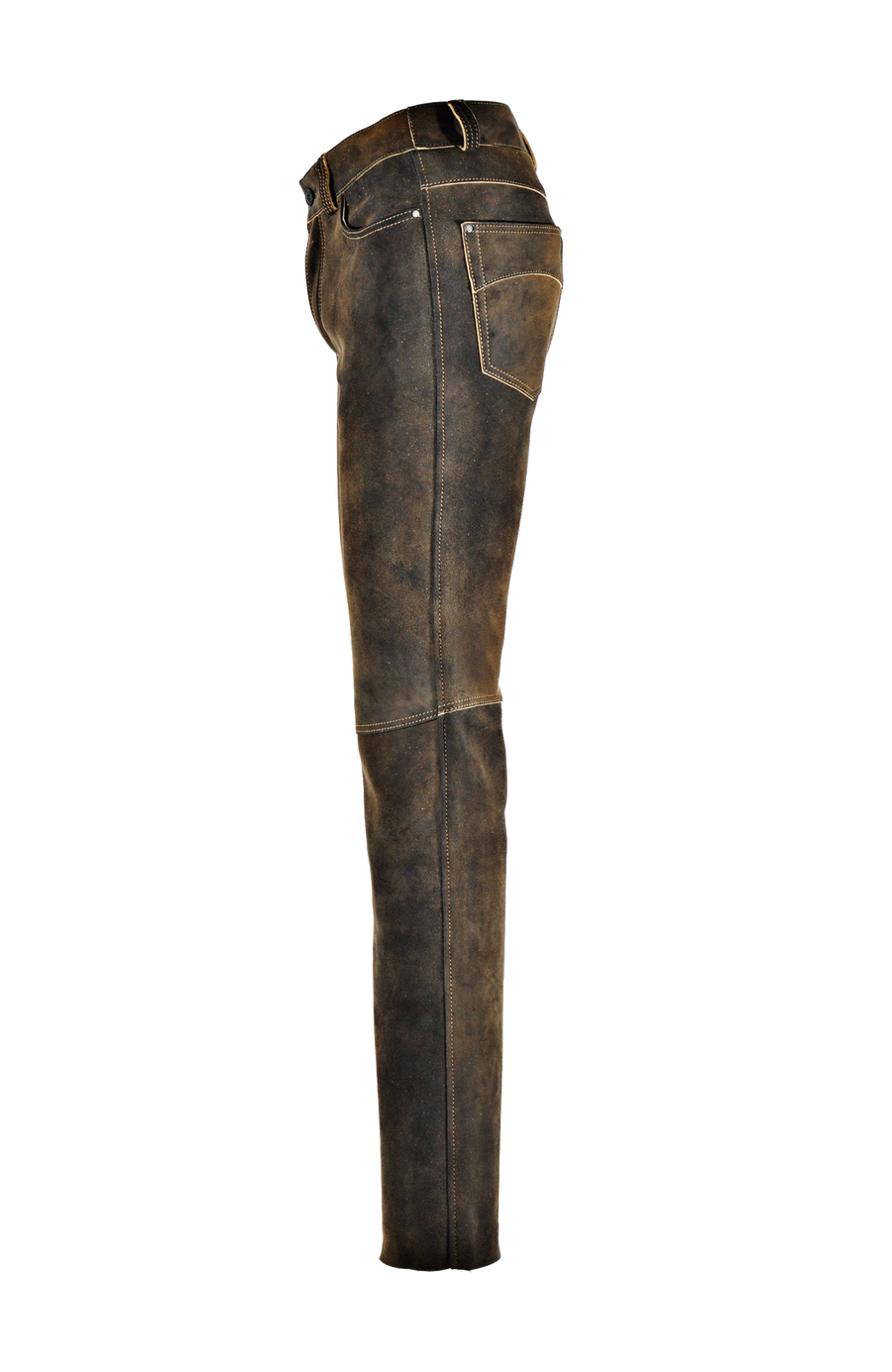 Hirschlederhose Herren in Alt-Ischia Braun, Seitenansicht, hochwertige Lederhose mit geradem Schnitt, Gesäßtaschen und Kniequernähten