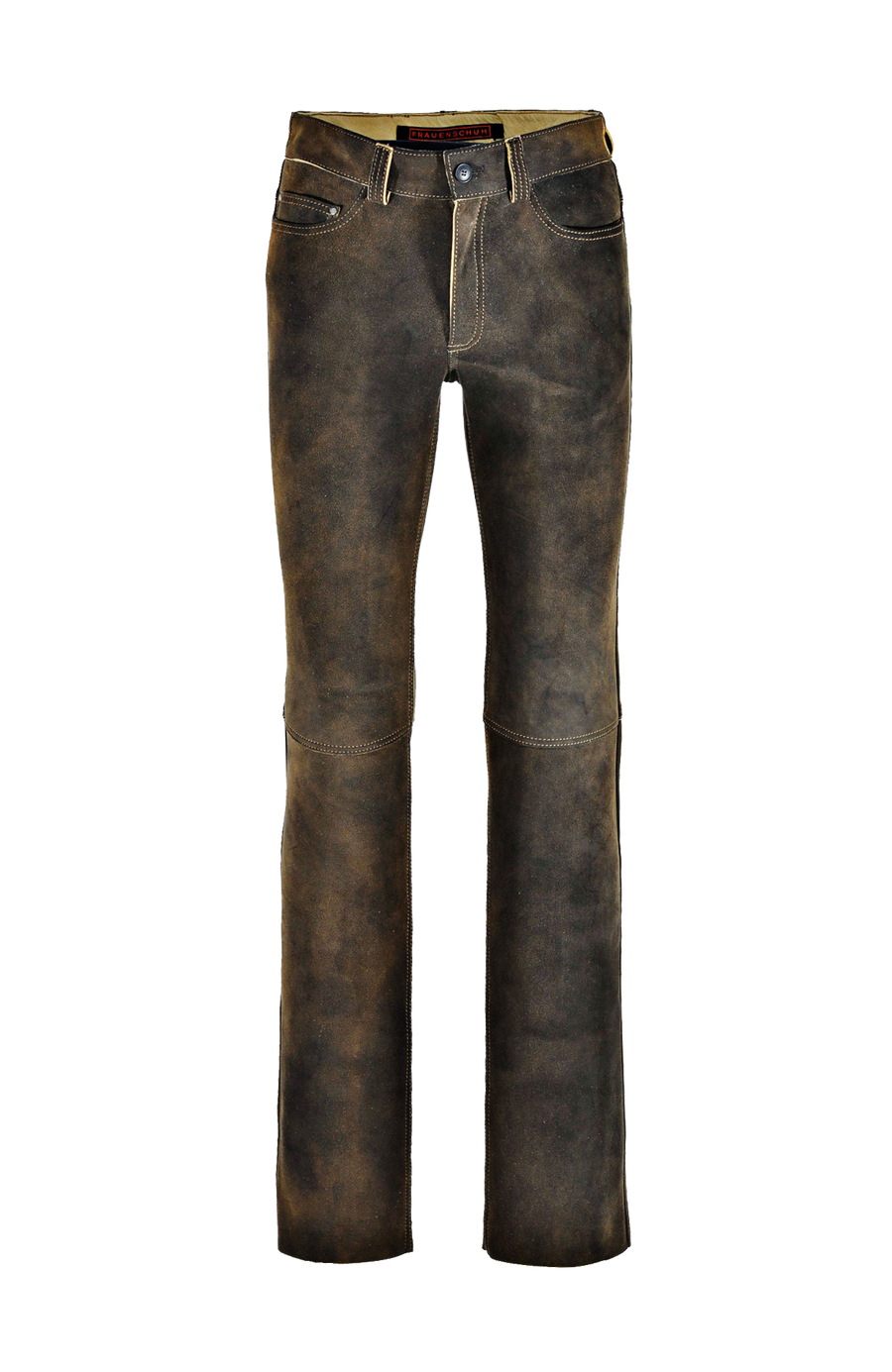 Hirschlederhose Herren in Alt-Ischia Braun, Vorderansicht, hochwertige Lederhose mit geradem Schnitt, Gesäßtaschen und Kniequernähten