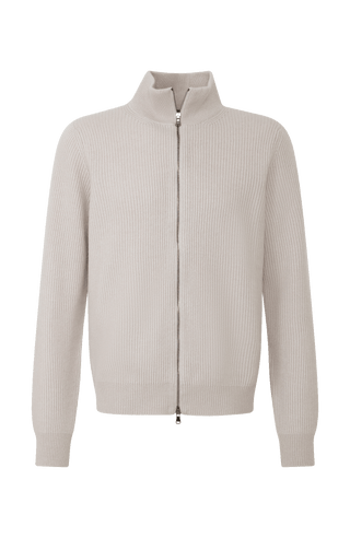 Kaschmirjacke Kirk2.0-WS in Farbe Beige, Vorderansicht Metallreißverschluss, elegante Herrenjacke aus hochwertigem Kaschmir von Frauenschuh