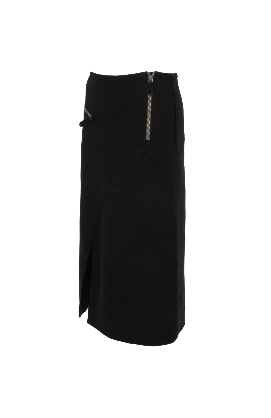 Knielanger Damen-Walkrock Modell Zita in Schwarz, Seitenansicht– eleganter Wollrock mit klassischem Schnitt, ideal für Herbst und Winter.